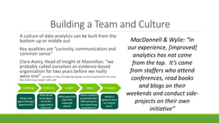 Building a Team and Culture
A culture of data analytics can be built from the
bottom up or middle out
Key qualities are “curiosity, communication and
common sense”
Clara Avery, Head of Insight at Macmillan: “we
probably called ourselves an evidence-based
organisation for two years before we really
were one” available at http://insightsig.org/wp-content/uploads/2013/11/6a-
Macmillan-love-Insight.-pdf1.pdf
MacDonnell & Wylie: “In
our experience, [improved]
analytics has not come
from the top. It’s come
from staffers who attend
conferences, read books
and blogs on their
weekends and conduct side-
projects on their own
initiative”
 