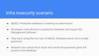 Infra insecurity scenario
➔ MySQL Production database is listening on external port
➔ Developers work directly on production database and require SQL
Management Software
➔ They log in using the root user of MySQL Database server and a simple
password
➔ Attacker runs a brute force script and cracks the password, gains full
access to the database
 