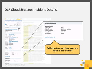 DLP	
  Cloud	
  Storage:	
  Incident	
  Details	
  
DLP	
  14.0	
  	
  Diﬀerences	
  Training:	
  Storage	
  
16	
  
Collaborators	
  and	
  their	
  roles	
  are	
  
listed	
  in	
  the	
  incident	
  
 