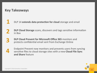 Key	
  Takeaways	
  
Copyright	
  ©	
  2014	
  Symantec	
  Corpora/on	
  
28	
  
1	
   DLP	
  14	
  extends	
  data	
  protec3on	
  for	
  cloud	
  storage	
  and	
  email	
  
DLP	
  Cloud	
  Storage	
  scans,	
  discovers	
  and	
  tags	
  sensi/ve	
  informa/on	
  
in	
  Box	
  	
  
DLP	
  Cloud	
  Prevent	
  for	
  Microso[	
  Oﬃce	
  365	
  monitors	
  and	
  
protects	
  conﬁden/al	
  email	
  sent	
  from	
  Exchange	
  Online	
  
Endpoint	
  Prevent	
  now	
  monitors	
  and	
  prevents	
  users	
  from	
  syncing	
  
sensi/ve	
  ﬁles	
  to	
  cloud	
  storage	
  sites	
  with	
  a	
  new	
  Cloud	
  File	
  Sync	
  
and	
  Share	
  feature	
  
2	
  
3	
  
4	
  
 