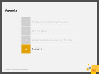 Agenda	
  
1	
   Symantec	
  Informa/on	
  Protec/on	
  
2	
   DLP	
  for	
  Cloud	
  
3	
   Addi/onal	
  Enhancements	
  in	
  DLP	
  14	
  
4	
   Resources	
  
Copyright	
  ©	
  2014	
  Symantec	
  Corpora/on	
  
29	
  
 