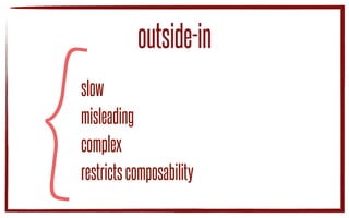 events
outside-in
UI
Domain
core
Application
Infrastructure
mobileUI
port/adapter
port/adapterDB
https://pbs.twimg.com/media/CHyUAukWgAA5iYS.jpg
reads
writes
 