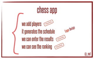 {
chessapp
weaddplayers
itgeneratestheschedule
wecanentertheresults
wecanseetheranking
TRIVIAL
TRIVIAL
TRIVIAL
EagerDesign
@_md
 