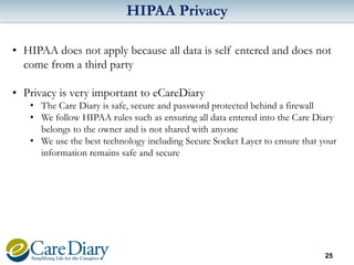 HIPAA Privacy
• HIPAA does not apply because all data is self entered and does not
come from a third party
• Privacy is very important to eCareDiary
• The Care Diary is safe, secure and password protected behind a firewall
• We follow HIPAA rules such as ensuring all data entered into the Care Diary
belongs to the owner and is not shared with anyone
• We use the best technology including Secure Socket Layer to ensure that your
information remains safe and secure

25

 