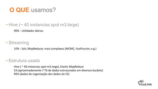 • Hive (~ 40 instancias spot m3.large)
90% - Utilidades diárias
• Streaming
10% - Solr, MapReduces mais complexos (MCMC, FastFourier, e.g.)
• Estrutura usada
Hive ( ~ 40 instancias spot m3.large), Elastic MapReduce
S3 (aproximadamente 7 Tb de dados estruturados em diversos buckets)
RDS (dados de organização dos dados do S3)
O QUE usamos?
 