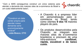 • A Chaordic é a empresa líder
em personalização para e-
commerce no Brasil, tendo
como clientes 9 dos 15 maiores
players do país.
• Os produtos desenvolvidos pela
Chaordic se integram aos
maiores sites de e-commerce
brasileiros e precisam de uma
infra-estrutura confiável,
rápida, escalável e de baixo
custo.
“ Com a AWS conseguimos construir um único sistema para
atender a demanda dos maiores sites de e-commerce do Brasil a
um custo relativamente baixo”.
“Construir um data
center próprio para
atender nossa
demanda seria
economicamente
inviável”
- João Bosco, CTO
 