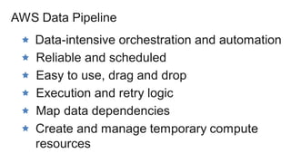 AWS Data Pipeline
Data-intensive orchestration and automation
Reliable and scheduled
Easy to use, drag and drop
Execution and retry logic
Map data dependencies
Create and manage temporary compute
resources
 