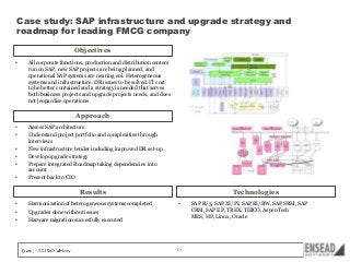 Case study: SAP infrastructure and upgrade strategy and
roadmap for leading FMCG company
Objectives
•

All corporate functions, production and distribution centers
run on SAP, new SAP projects are being planned, and
operational SAP systems are nearing eol. Heterogeneous
systems and infrastructure. DR issues to be solved. IT cost
to be better contained and a strategy is needed that serves
both business projects and upgrade projects needs, and does
not jeopardise operations

Approach
•
•
•
•
•
•

Assess SAP architecture
Understand project portfolio and complexities through
interviews
New infrastructure tender including improved DR set-up
Develop upgrade strategy
Prepare integrated Roadmap taking dependencies into
account
Present back to CIO

Results
•

Harmonization of heterogeneous systems completed

•

Upgrades done without issues

•

Technologies

Harware migration succesfully executed

•

16

SAP R/3, SAP XI/PI, SAP BI/BW, SAP SRM, SAP
CRM, SAP EP, TREX, TIBCO, AspenTech
MES, HP, Linux, Oracle

 
