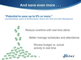 And save even more . . .


“Potential to save up to 9% or more.”
Lisa Disselkamp, author of No Boundaries: How to Use Time and Labor Management




                       Reduce overtime with real time alerts

                            Better manage schedules and attendance

                                 Review budget vs. actual
                                 activity in real time


EPAYsystems.com                        5
 