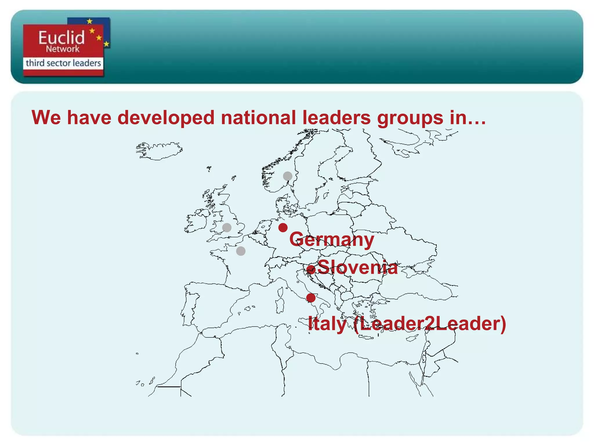 We have developed national leaders groups in… Germany Slovenia Italy (Leader2Leader) 