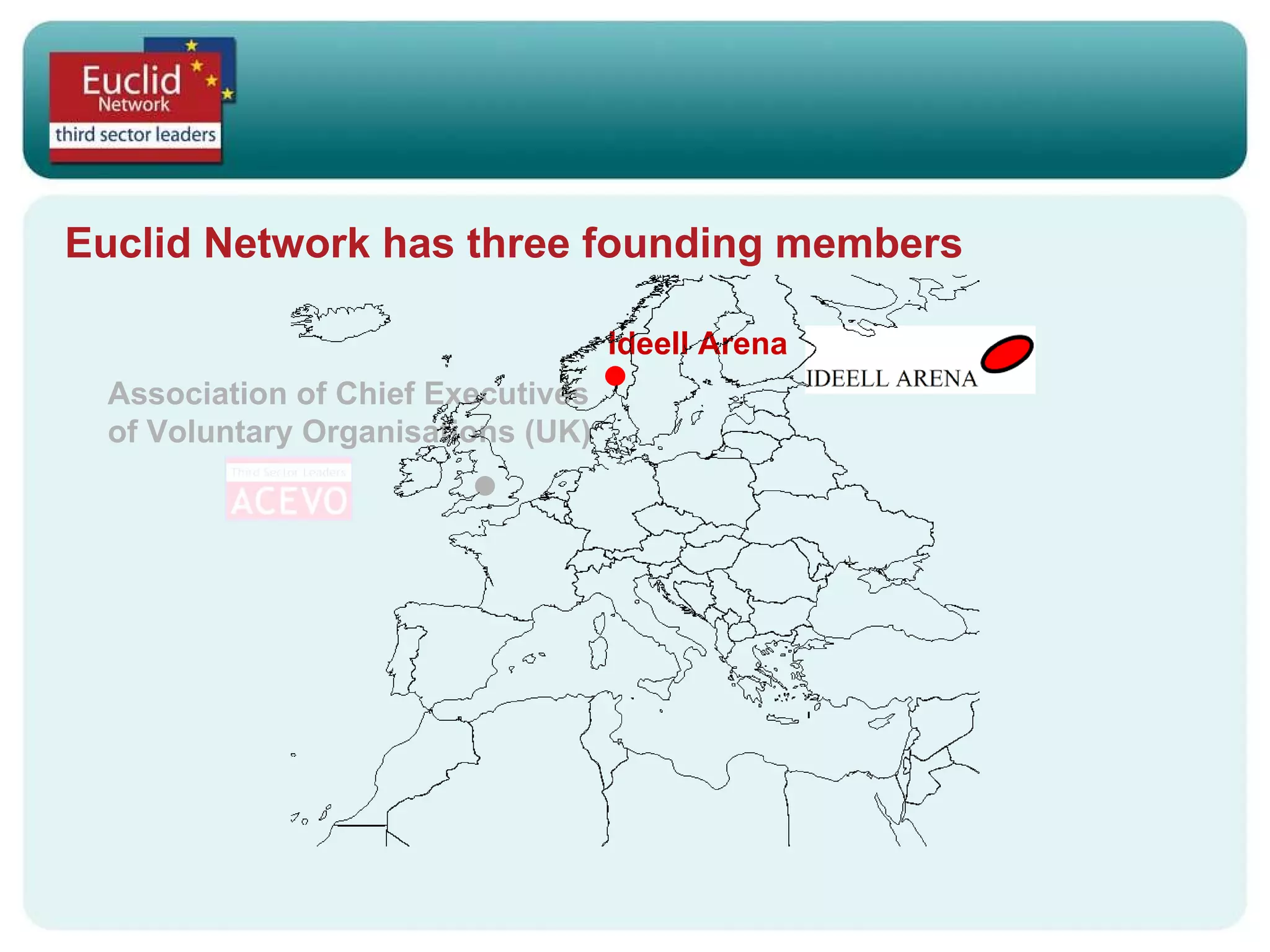 Euclid Network has three founding members Ideell Arena Association of Chief Executives  of Voluntary Organisations (UK) 