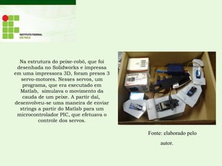Na estrutura do peixe-robô, que foi
desenhada no Solidworks e impressa
em uma impressora 3D, foram presos 3
servo-motores. Nesses servos, um
programa, que era executado em
Matlab, simulava o movimento da
cauda de um peixe. A partir daí,
desenvolveu-se uma maneira de enviar
strings a partir do Matlab para um
microcontrolador PIC, que efetuava o
controle dos servos.
Fonte: elaborado pelo
autor.
 