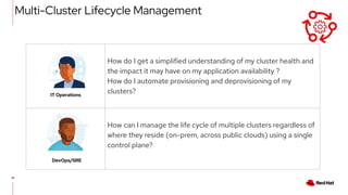 10
How do I get a simplified understanding of my cluster health and
the impact it may have on my application availability ?
How do I automate provisioning and deprovisioning of my
clusters?
How can I manage the life cycle of multiple clusters regardless of
where they reside (on-prem, across public clouds) using a single
control plane?
DevOps/SRE
IT Operations
Multi-Cluster Lifecycle Management
 