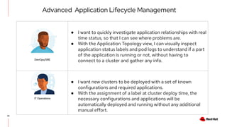 20
● I want to quickly investigate application relationships with real
time status, so that I can see where problems are.
● With the Application Topology view, I can visually inspect
application status labels and pod logs to understand if a part
of the application is running or not, without having to
connect to a cluster and gather any info.
● I want new clusters to be deployed with a set of known
configurations and required applications.
● With the assignment of a label at cluster deploy time, the
necessary configurations and applications will be
automatically deployed and running without any additional
manual effort.
IT Operations
DevOps/SRE
Advanced Application Lifecycle Management
 