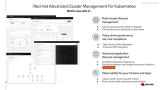 What's new in OpenShift 4.6
Red Hat Advanced Cluster Management for Kubernetes
Multi-cluster lifecycle
management
Policy driven governance,
risk, and compliance
Advanced application
lifecycle management
Observability for your Clusters and Apps
● GA provisioning of OpenShift on vSphere
● GA provisioning of OpenShift on Bare Metal
● Open Source Policy Repository
● Enhanced OPA integration
● Simplified Application Experience
● Portfolio Integration with Ansible Automation Platform -
● Cluster Health monitoring with Thanos
● Multi-cluster health optimization with Grafana
What’s new with 2.1
30
 