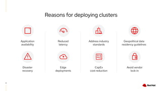 Reasons for deploying clusters
Application
availability
Reduced
latency
Address industry
standards
Geopolitical data
residency guidelines
Disaster
recovery
Edge
deployments
CapEx
cost reduction
Avoid vendor
lock-in
4
 