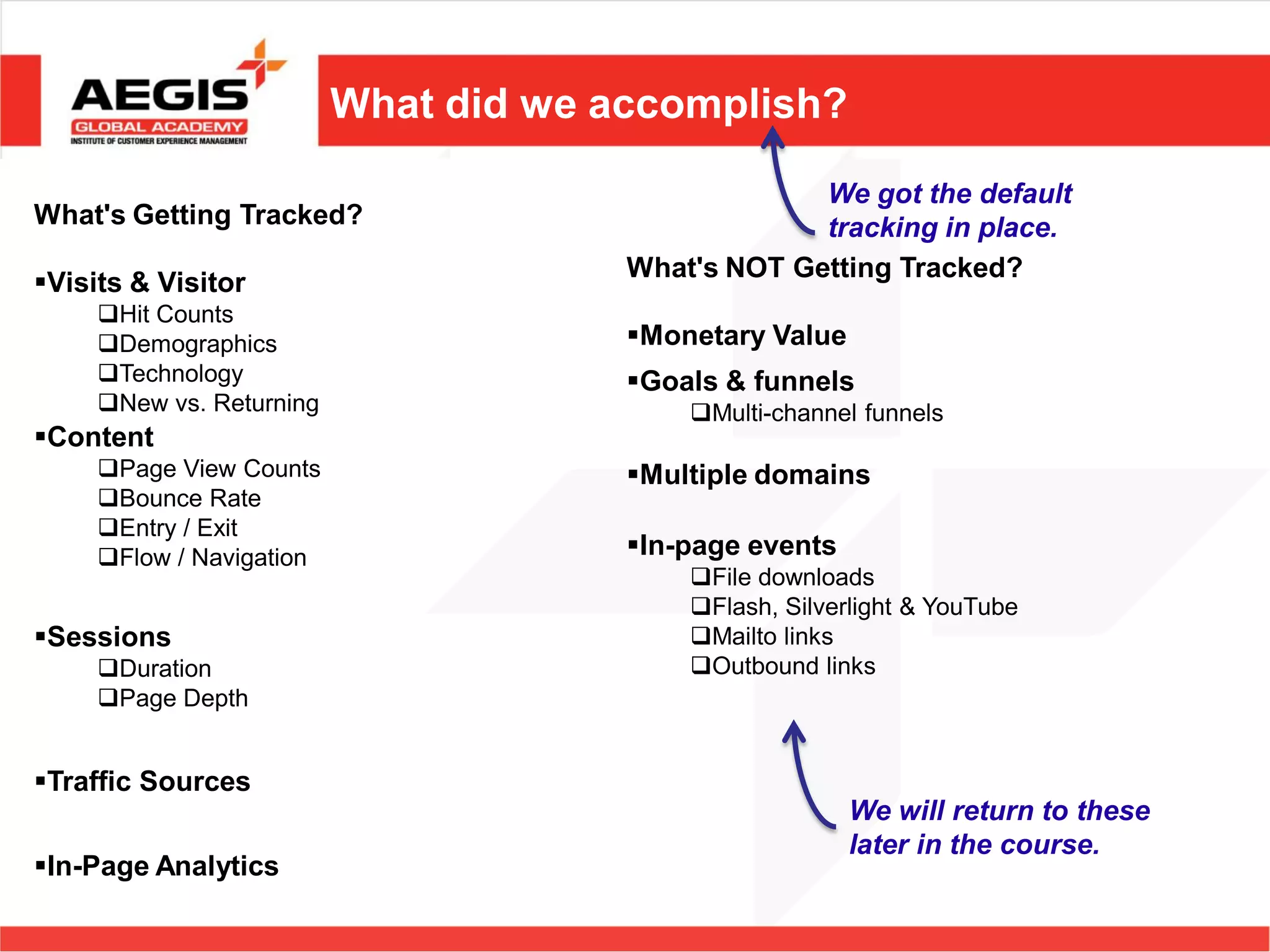 What did we accomplish?

                                                    We got the default
What's Getting Tracked?                             tracking in place.
                                       What's NOT Getting Tracked?
Visits & Visitor
     Hit Counts
     Demographics                     Monetary Value
     Technology                       Goals & funnels
     New vs. Returning                    Multi-channel funnels
Content
     Page View Counts                 Multiple domains
     Bounce Rate
     Entry / Exit
     Flow / Navigation                In-page events
                                           File downloads
                                           Flash, Silverlight & YouTube
Sessions                                  Mailto links
     Duration                             Outbound links
     Page Depth


Traffic Sources
                                                         We will return to these
                                                         later in the course.
In-Page Analytics
 