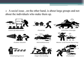  A social issue , on the other hand, is about large groups and not
about the individuals who make them up.
 