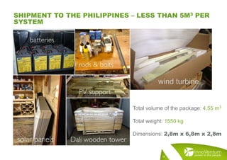 SHIPMENT TO THE PHILIPPINES – LESS THAN 5M3 PER
SYSTEM
wind turbine
Total volume of the package: 4,55 m3
Total weight: 1550 kg
Dimensions: 2,8m x 6,8m x 2,8m
19
 