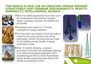 THE WORLD IS OUR LAB CO-CREATING UNIQUE WOODEN
STRUCTURES THAT COMBINE SUSTAINABILITY, BEAUTY,
DURABILITY, INTELLIGENCE, SILENCE …
More than 6000 engineering hours were put in
the development of InnoVentum wooden
towers, resulting in the Dali, the Dalifant and
the Giraffe
All designs were tested in 1:10 scale
prototypes for design validation
The Dali tower was tested in 2010 full scale in-
house for the measurement of all critical
parameters. Similar full-scale tests are made
for the Dalifant and the Giraffe. 9 design
protections in total.
After 12 months of testing, a second
generation of the Dali was developed resulting
in an international patent application (PCT –
awarded August 2015) and the PowerTower
hybrid. Design protections were filed for the
Giraffe and awarded in 2015
3
 