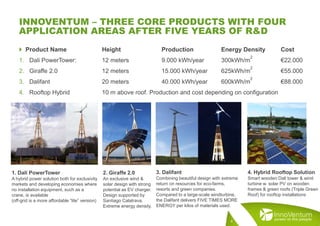  Product Name Height Production Energy Density Cost
1. Dali PowerTower: 12 meters 9.000 kWh/year 300kWh/m
2
€22.000
2. Giraffe 2.0 12 meters 15.000 kWh/year 625kWh/m
2
€55.000
3. Dalifant 20 meters 40.000 kWh/year 600kWh/m
2
€88.000
4. Rooftop Hybrid 10 m above roof. Production and cost depending on configuration
INNOVENTUM – THREE CORE PRODUCTS WITH FOUR
APPLICATION AREAS AFTER FIVE YEARS OF R&D
1. Dali PowerTower
A hybrid power solution both for exclusivity
markets and developing economies where
no installation equipment, such as a
crane, is available
(off-grid is a more affordable “lite” version)
3. Dalifant
Combining beautiful design with extreme
return on resources for eco-farms,
resorts and green companies.
Compared to a large-scale windturbine,
the Dalifant delivers FIVE TIMES MORE
ENERGY per kilos of materials used.
4. Hybrid Rooftop Solution
Smart wooden Dali tower & wind
turbine w. solar PV on wooden
frames & green roofs (Triple Green
Roof) for rooftop installations
2. Giraffe 2.0
An exclusive wind &
solar design with strong
potential as EV charger.
Design supported by
Santiago Calatrava.
Extreme energy density.
4
 