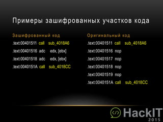 .text:00401511 call sub_4018A6
.text:00401516 nop
.text:00401517 nop
.text:00401518 nop
.text:00401519 nop
.text:0040151A call sub_4018CC
.text:00401511 call sub_4018A6
.text:00401516 adc edx, [ebx]
.text:00401518 adc edx, [ebx]
.text:0040151A call sub_4018CC
Примеры зашифрованных участков кода
З аши фрованный код О ри ги нальны й код
 