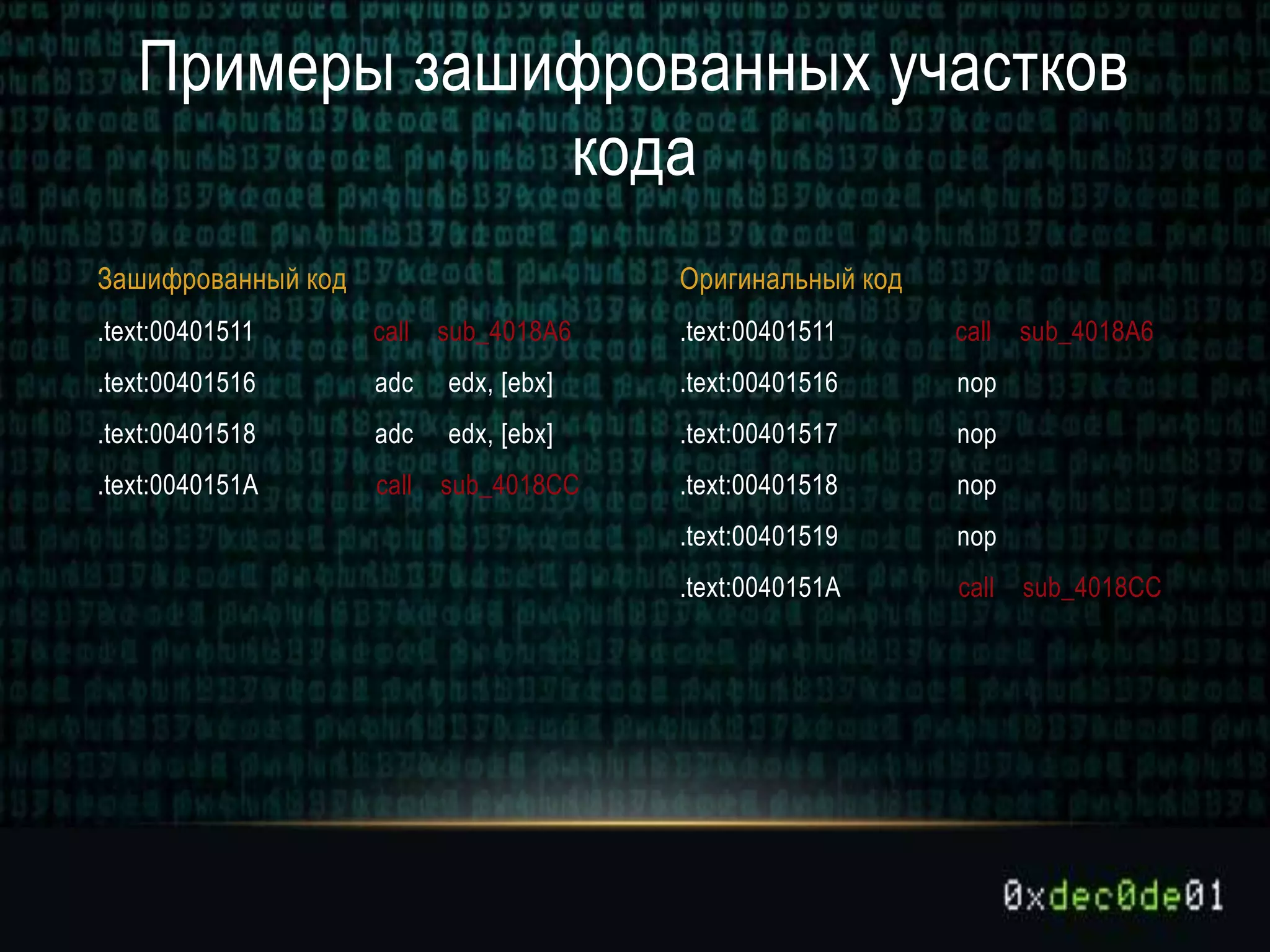 .text:00401511 call sub_4018A6
.text:00401516 nop
.text:00401517 nop
.text:00401518 nop
.text:00401519 nop
.text:0040151A call sub_4018CC
.text:00401511 call sub_4018A6
.text:00401516 adc edx, [ebx]
.text:00401518 adc edx, [ebx]
.text:0040151A call sub_4018CC
Зашифрованный код Оригинальный код
Примеры зашифрованных участков
кода
 