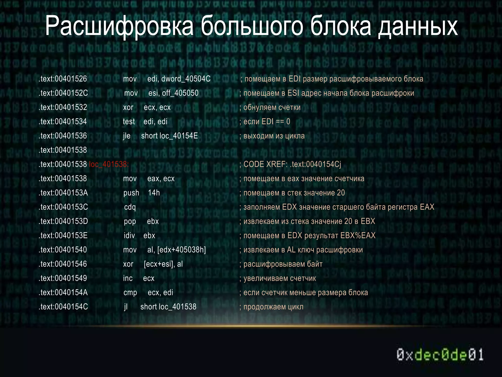 .text:00401526 mov edi, dword_40504C ; помещаем в EDI размер расшифровываемого блока
.text:0040152C mov esi, off_405050 ; помещаем в ESI адрес начала блока расшифроки
.text:00401532 xor ecx, ecx ; обнуляем счетки
.text:00401534 test edi, edi ; если EDI == 0
.text:00401536 jle short loc_40154E ; выходим из цикла
.text:00401538
.text:00401538 loc_401538: ; CODE XREF: .text:0040154Cj
.text:00401538 mov eax, ecx ; помещаем в eax значение счетчика
.text:0040153A push 14h ; помещаем в стек значение 20
.text:0040153C cdq ; заполняем EDX значение старшего байта регистра EAX
.text:0040153D pop ebx ; извлекаем из стека значение 20 в EBX
.text:0040153E idiv ebx ; помещаем в EDX результат EBX%EAX
.text:00401540 mov al, [edx+405038h] ; извлекаем в AL ключ расшифровки
.text:00401546 xor [ecx+esi], al ; расшифровываем байт
.text:00401549 inc ecx ; увеличиваем счетчик
.text:0040154A cmp ecx, edi ; если счетчик меньше размера блока
.text:0040154C jl short loc_401538 ; продолжаем цикл
Расшифровка большого блока данных
 