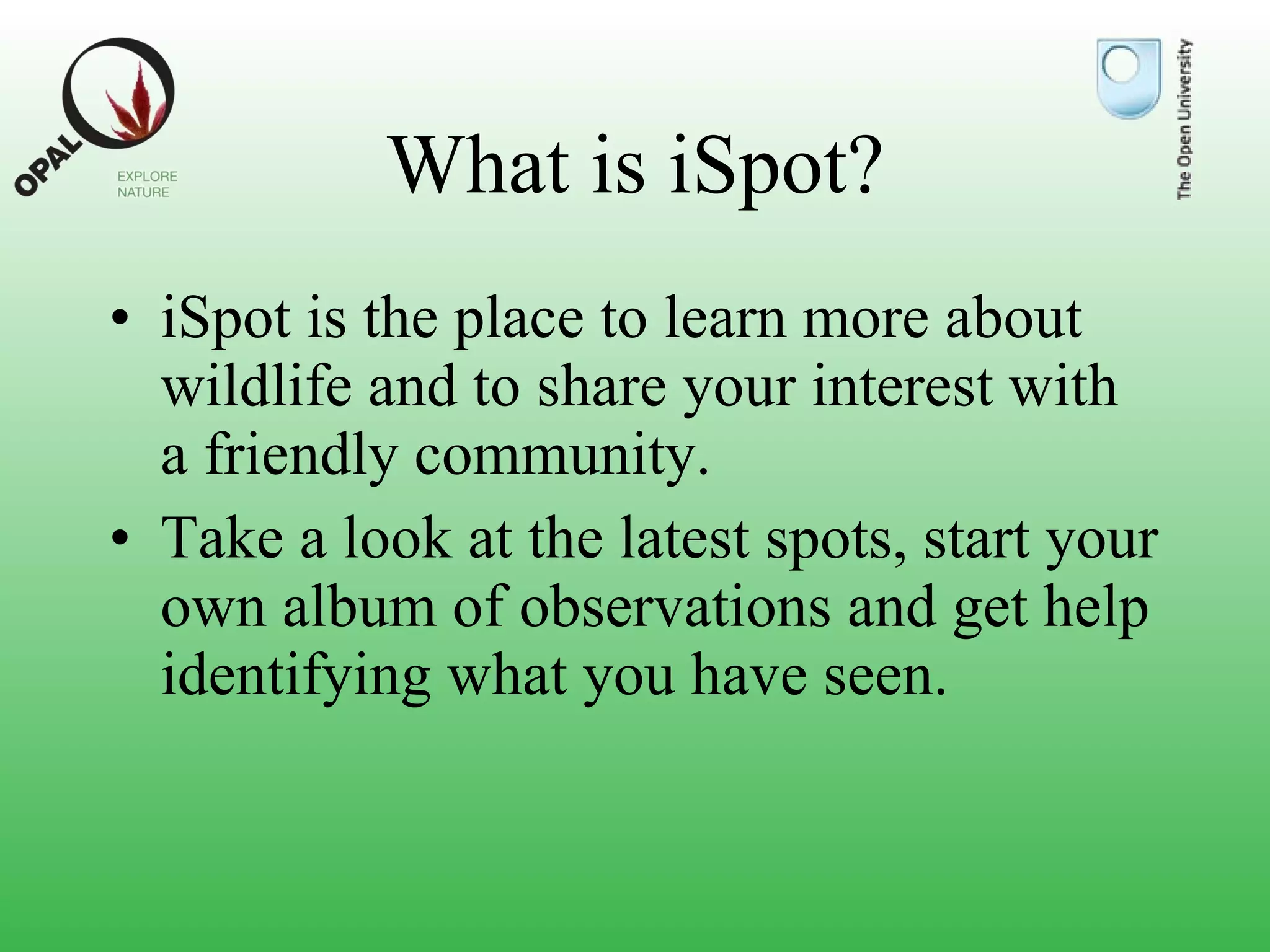 What is iSpot? iSpot is the place to learn more about wildlife and to share your interest with a friendly community.  Take a look at the latest spots, start your own album of observations and get help identifying what you have seen. 