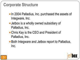 Corporate Structure

    In 2004 Palladius, Inc. purchased the assets of
    Integware, Inc.
    Jetbox is a wholly owned subsidiary of
    Palladius, Inc.
    Chris Kay is the CEO and President of
    Palladius, Inc.
    Both Integware and Jetbox report to Palladius,
    Inc.


3
 