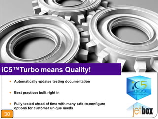 iC5™Turbo means Quality!
     Automatically updates testing documentation


     Best practices built right in


     Fully tested ahead of time with many safe-to-configure
     options for customer unique needs
30
 