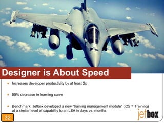 Designer is About Speed
     Increases developer productivity by at least 2x


     50% decrease in learning curve


     Benchmark: Jetbox developed a new “training management module” (iC5™ Training)
     at a similar level of capability to an LSA in days vs. months

32
 