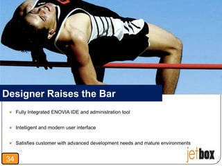 Designer Raises the Bar
     Fully Integrated ENOVIA IDE and administration tool


     Intelligent and modern user interface


     Satisfies customer with advanced development needs and mature environments


34
 