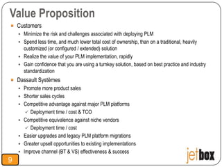 Value Proposition
    Customers
     Minimize the risk and challenges associated with deploying PLM
     Spend less time, and much lower total cost of ownership, than on a traditional, heavily
      customized (or configured / extended) solution
     Realize the value of your PLM implementation, rapidly
     Gain confidence that you are using a turnkey solution, based on best practice and industry
      standardization
    Dassault Systèmes
     Promote more product sales
     Shorter sales cycles
     Competitive advantage against major PLM platforms
        Deployment time / cost & TCO
     Competitive equivalence against niche vendors
        Deployment time / cost
     Easier upgrades and legacy PLM platform migrations
     Greater upsell opportunities to existing implementations
     Improve channel (BT & VS) effectiveness & success
9
 
