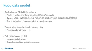 9© Cloudera, Inc. All rights reserved.
Kudu data model
• Tables have a RDBMS-like schema
• Finite number of columns (unlike HBase/Cassandra)
• Types: BOOL, INT8/16/32/64, FLOAT, DOUBLE, STRING, BINARY, TIMESTAMP
• Some subset of columns makes up a primary key
• Fast random reads/writes by primary key
• No secondary indexes (yet)
• Columnar layout on disk
• Lazy materialization
• Encoding and compression options
9
 
