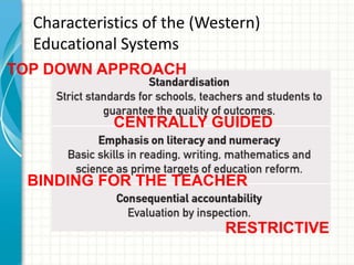 Characteristics of the (Western)
Educational Systems
TOP DOWN APPROACH
CENTRALLY GUIDED
BINDING FOR THE TEACHER
RESTRICTIVE
 