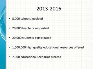 2013-2016
• 8,000 schools involved
• 20,000 teachers supported
• 20,000 students participated
• 1,000,000 high quality educational resources offered
• 7,000 educational scenarios created
 