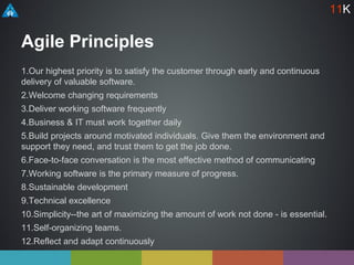 Agile Principles
1.Our highest priority is to satisfy the customer through early and continuous
delivery of valuable software.
2.Welcome changing requirements
3.Deliver working software frequently
4.Business & IT must work together daily
5.Build projects around motivated individuals. Give them the environment and
support they need, and trust them to get the job done.
6.Face-to-face conversation is the most effective method of communicating
7.Working software is the primary measure of progress.
8.Sustainable development
9.Technical excellence
10.Simplicity--the art of maximizing the amount of work not done - is essential.
11.Self-organizing teams.
12.Reflect and adapt continuously
11K
 