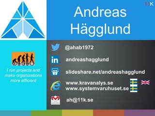 Andreas
Hägglund
ah@11k.se
I run projects and
make organizations
more efficient
andreashagglund
@ahab1972
slideshare.net/andreashagglund
www.kravanalys.se
www.systemvaruhuset.se
11K
 