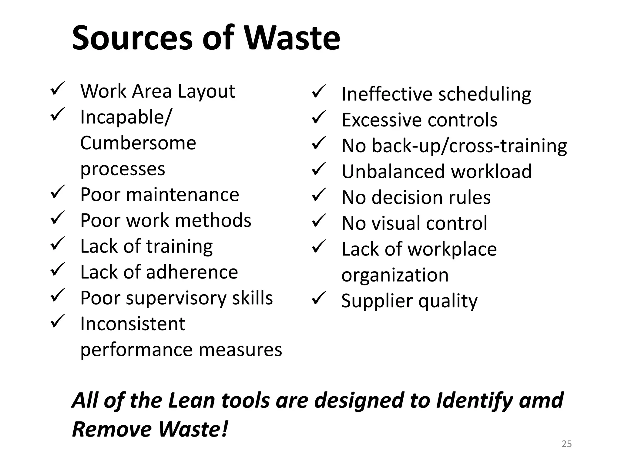 Sources of Waste
 Work Area Layout
 Incapable/
Cumbersome
processes
 Poor maintenance
 Poor work methods
 Lack of training
 Lack of adherence
 Poor supervisory skills
 Inconsistent
performance measures
 Ineffective scheduling
 Excessive controls
 No back-up/cross-training
 Unbalanced workload
 No decision rules
 No visual control
 Lack of workplace
organization
 Supplier quality
All of the Lean tools are designed to Identify amd
Remove Waste! 25
 