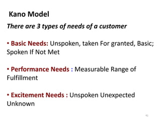 Kano Model
There are 3 types of needs of a customer
• Basic Needs: Unspoken, taken For granted, Basic;
Spoken If Not Met
• Performance Needs : Measurable Range of
Fulfillment
• Excitement Needs : Unspoken Unexpected
Unknown
41
 