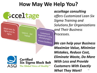 How May We Help You?
acceltage consulting
offers Customized Lean Six
Sigma Training and
Solutions for Organizations
and Their Business
Processes.
We can help your Business
Maximize Value, Minimize
Mistakes, Reduce Cost,
Eliminate Waste, Do More
With Less and Provide
Customers With Exactly
What They Want! 46
 