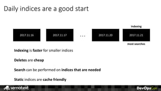 Daily	indices	are	a	good	start
2017.11.16 2017.11.17 2017.11.20 2017.11.21.	.	.
Indexing is	faster for	smaller	indices
Deletes are	cheap	
Search can	be	performed	on	indices	that	are	needed
Static indices	are	cache	friendly
indexing
most	searches
 