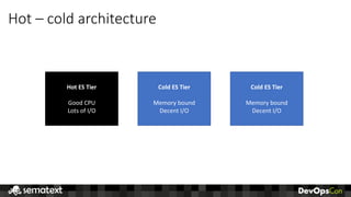 Hot	– cold	architecture
Hot	ES	Tier
Good	CPU
Lots	of	I/O
Cold	ES	Tier
Memory	bound
Decent	I/O
ES	cold
Cold	ES	Tier
Memory	bound
Decent	I/O
 