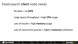 Elasticsearch	client node	needs
No	data	=	no	IOPS
Large	query	throughput	=	high	CPU	usage
Lots	of	results	=	high	memory usage
Lots	of	concurrent	queries	=	higher	resources utilization
 