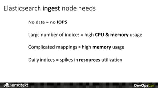 Elasticsearch	ingest	node	needs
No	data	=	no	IOPS
Large	number	of	indices	=	high	CPU	&	memory	usage
Complicated	mappings	=	high	memory	usage
Daily	indices	=	spikes	in	resources utilization
 