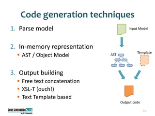 Code generation techniques
1. Parse model                          Input Model



2. In-memory representation
                                             Template
   AST / Object Model        AST



3. Output building
   Free text concatenation
   XSL-T (ouch!)
   Text Template based
                                    Output code

                                                  33
 