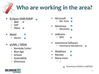 Who are working in the area?
 Eclipse EMF/GMF        Microsoft
    IBM                     DSL Tools
    SAP                 MetaCase
    Obeo                    MetaEdit+

 Xtext                  JetBrains
    Itemis                  MPS

                         Intentional Software
 xUML / MDA                 Intentional Workbench
      Kennedy Carter
      Blue Age          WebRatio
      Artisan           Mendix
      AndroMDA          Many more
      Olivanova             …

                                      Presenting at CG2011 or LWC2011

                                                                   35
 