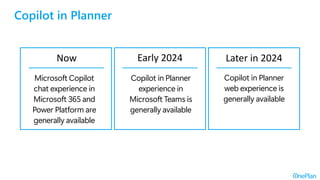 Copilot in Planner
Now Later in 2024
Microsoft Copilot
chat experience in
Microsoft 365 and
Power Platform are
generally available
Copilot in Planner
experience in
Microsoft Teams is
generally available
Copilot in Planner
web experience is
generally available
Early 2024
 