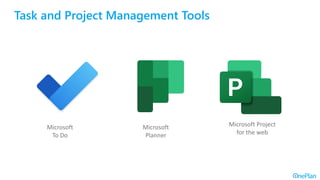 Task and Project Management Tools
Microsoft
Planner
Microsoft
To Do
Microsoft Project
for the web
 
